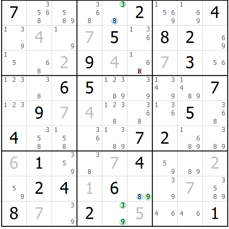 Position des candidats pour la solution de la Gr 82 page 85 du magazine de sudoku Virtuose n° 106