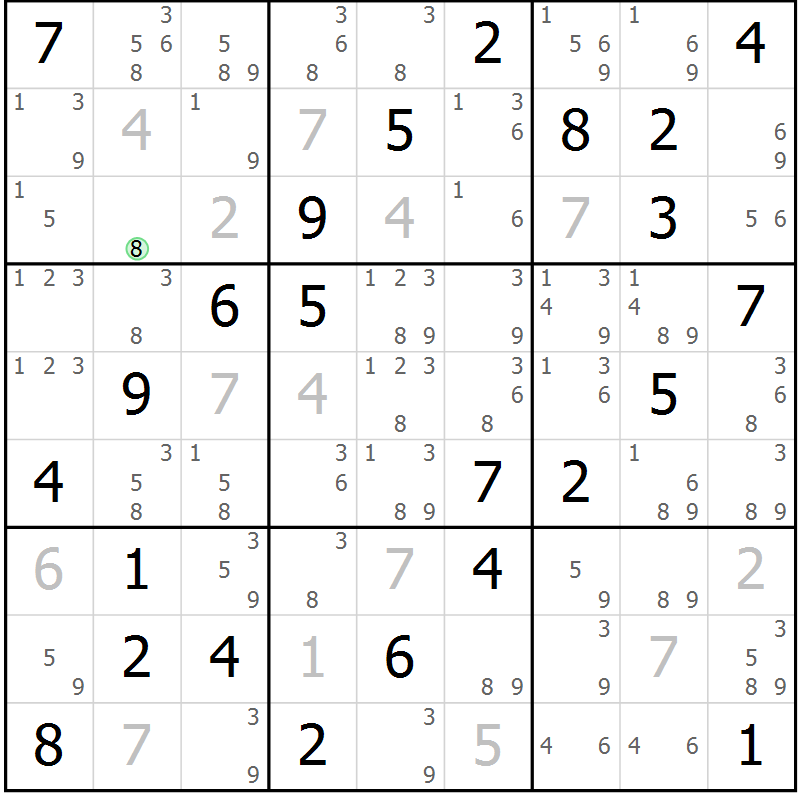 Position des candidats pour la solution de la Gr 82 page 85 du magazine de sudoku Virtuose n° 106