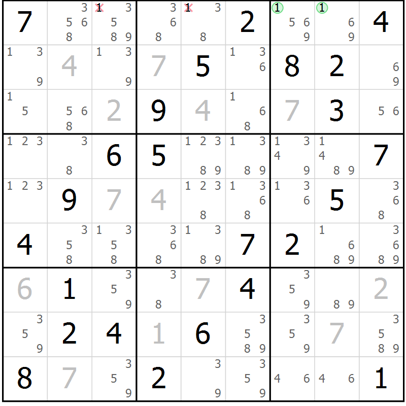 Position des candidats pour la solution de la Gr 82 page 85 du magazine de sudoku Virtuose n° 106