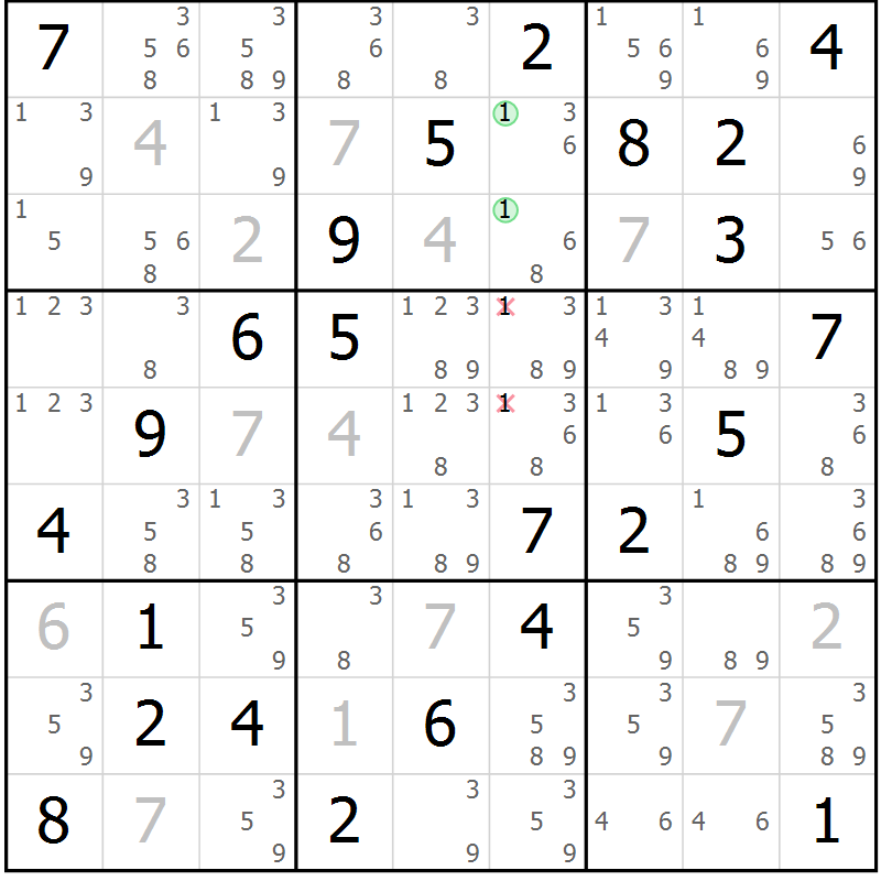 Position des candidats pour la solution de la Gr 82 page 85 du magazine de sudoku Virtuose n° 106