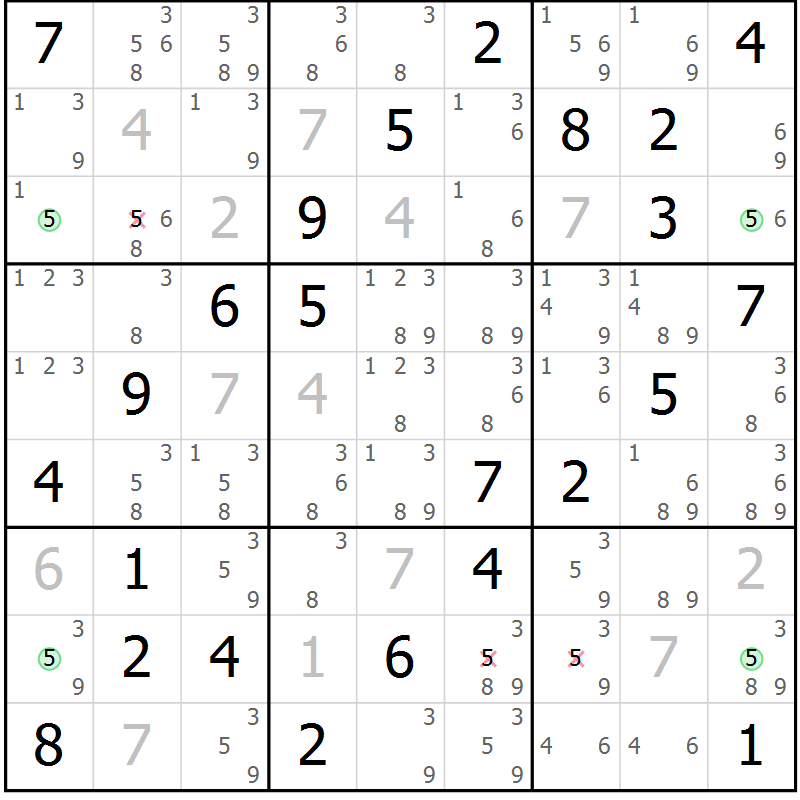 Position des candidats pour la solution de la Gr 82 page 85 du magazine de sudoku Virtuose n° 106