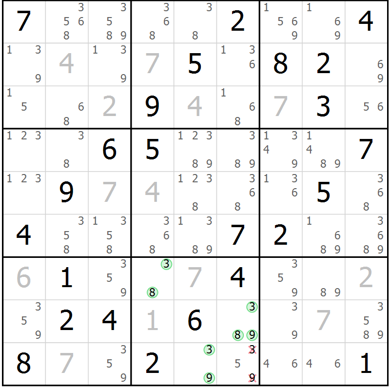 Position des candidats pour la solution de la Gr 82 page 85 du magazine de sudoku Virtuose n° 106