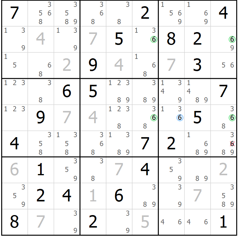 Position des candidats pour la solution de la Gr 82 page 85 du magazine de sudoku Virtuose n° 106