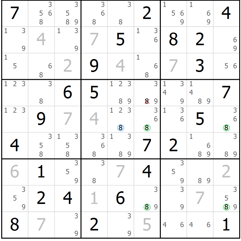 Position des candidats pour la solution de la Gr 82 page 85 du magazine de sudoku Virtuose n° 106