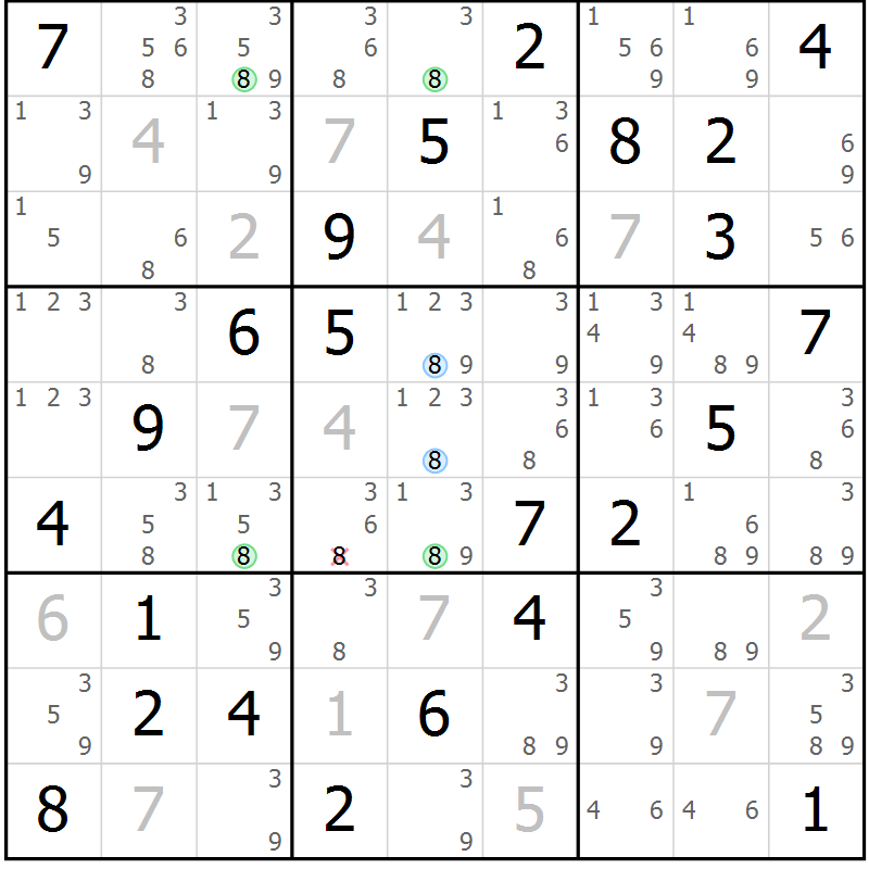 Position des candidats pour la solution de la Gr 82 page 85 du magazine de sudoku Virtuose n° 106
