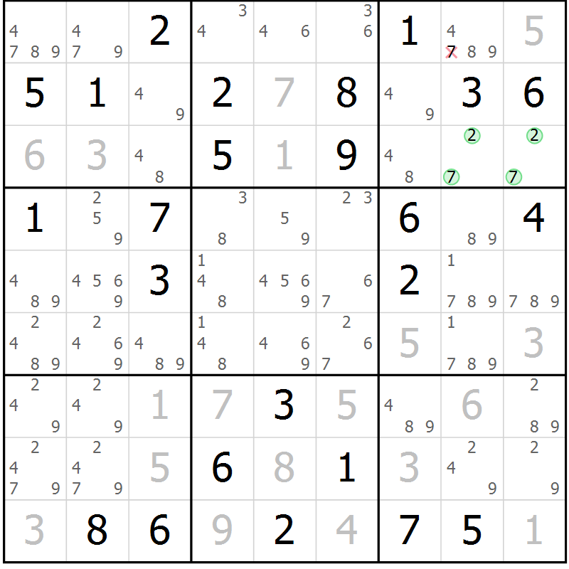 Position des candidats pour la solution de la Gr 83 page 86 du magazine de sudoku Virtuose n° 106