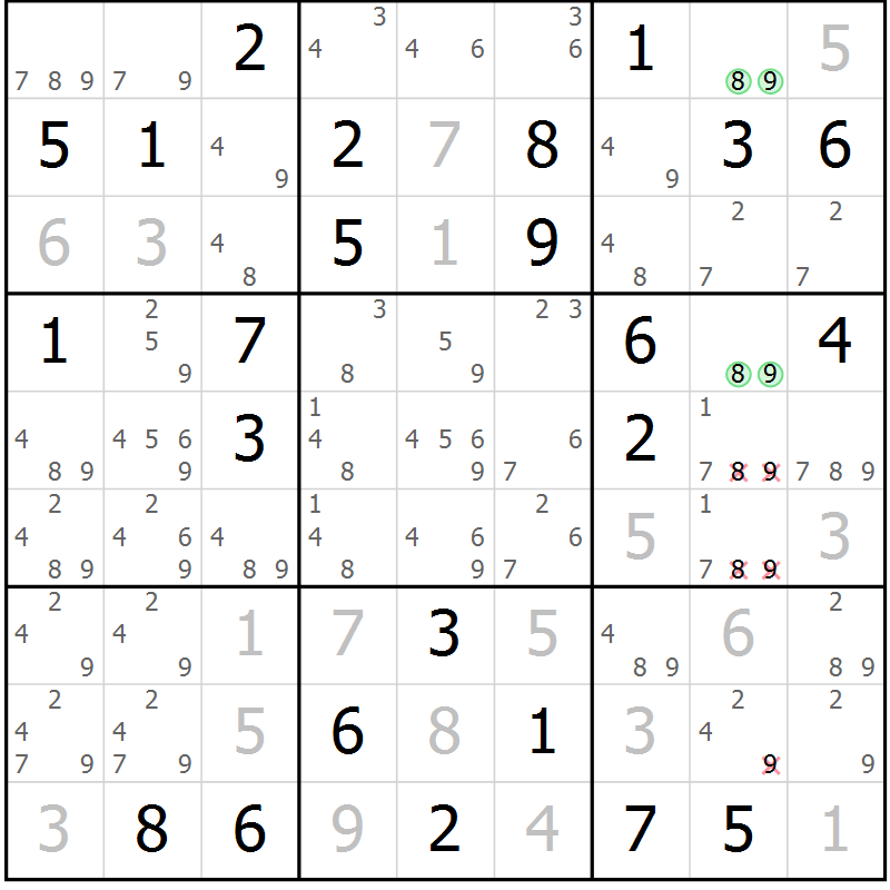 Position des candidats pour la solution de la Gr 83 page 86 du magazine de sudoku Virtuose n° 106