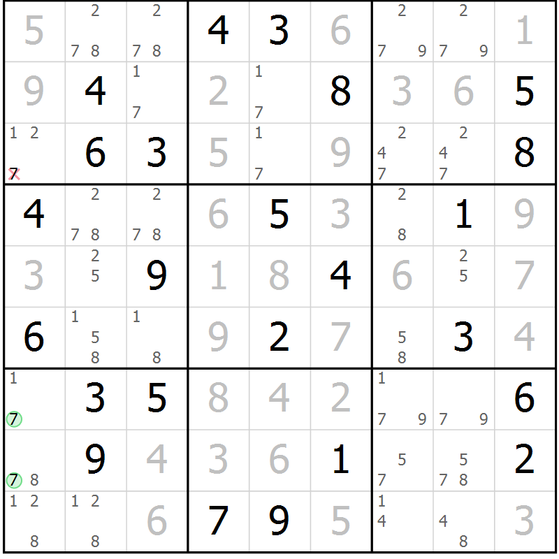 Position des candidats pour la solution de la Gr 84 page 87 du magazine de sudoku Virtuose n° 106