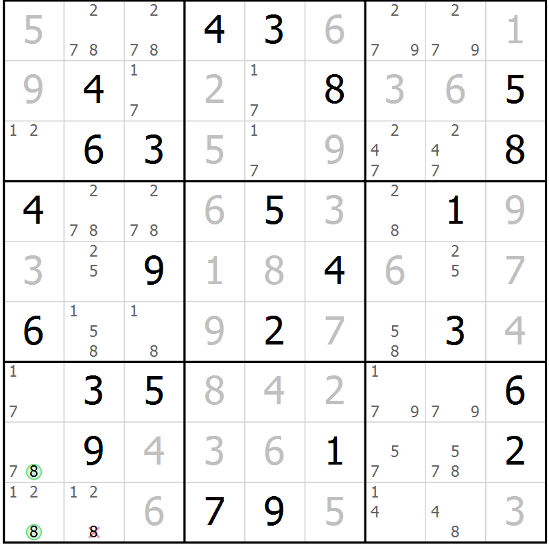 Position des candidats pour la solution de la Gr 84 page 87 du magazine de sudoku Virtuose n° 106