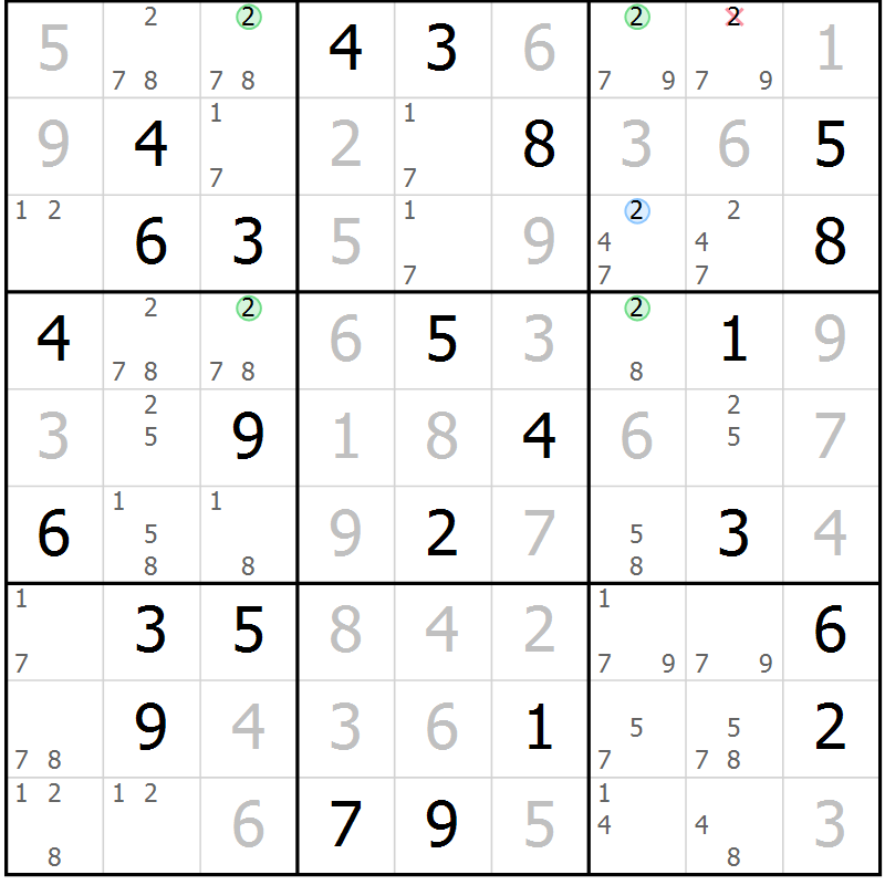 Position des candidats pour la solution de la Gr 84 page 87 du magazine de sudoku Virtuose n° 106