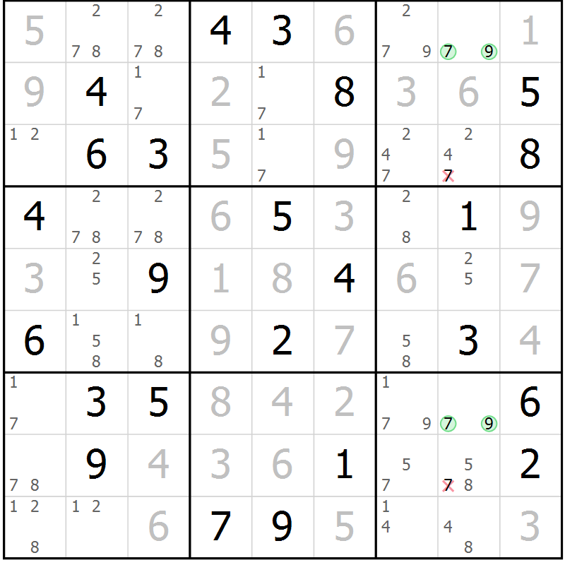 Position des candidats pour la solution de la Gr 84 page 87 du magazine de sudoku Virtuose n° 106