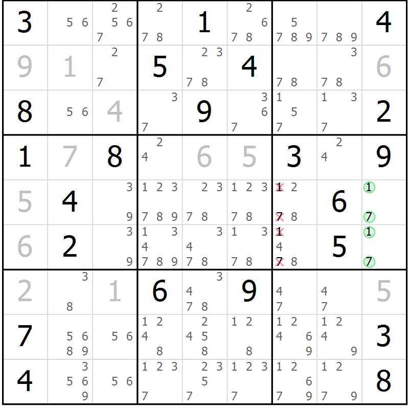 Position des candidats pour la solution de la Gr 9 page 12 du magazine de sudoku Virtuose n° 106