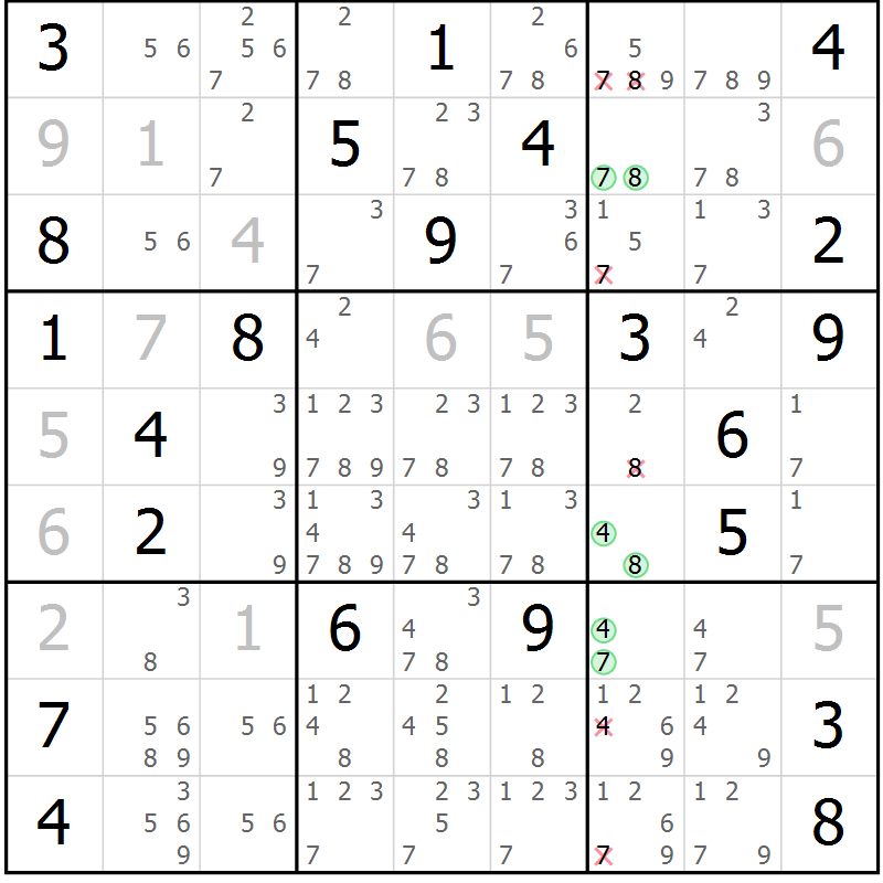 Position des candidats pour la solution de la Gr 9 page 12 du magazine de sudoku Virtuose n° 106