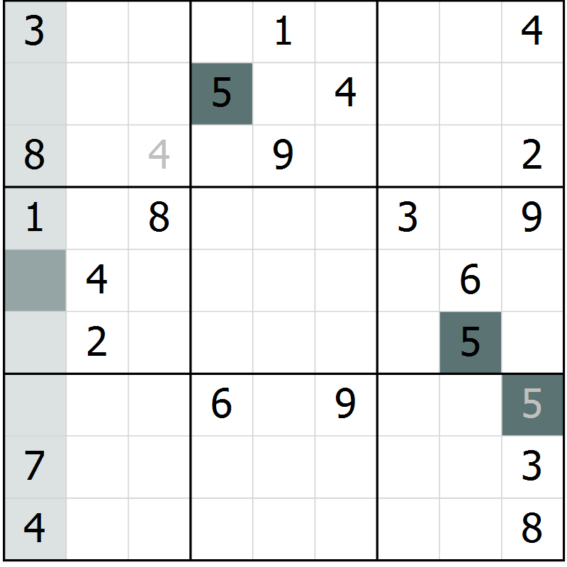 Position des candidats pour la solution de la Gr 9 page 12 du magazine de sudoku Virtuose n° 106