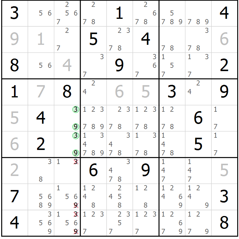 Position des candidats pour la solution de la Gr 9 page 12 du magazine de sudoku Virtuose n° 106
