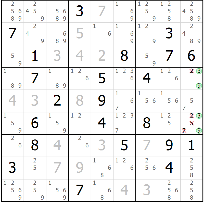 Position des candidats pour la solution de la Gr 1 page 4 du magazine de sudoku Platina n° 038