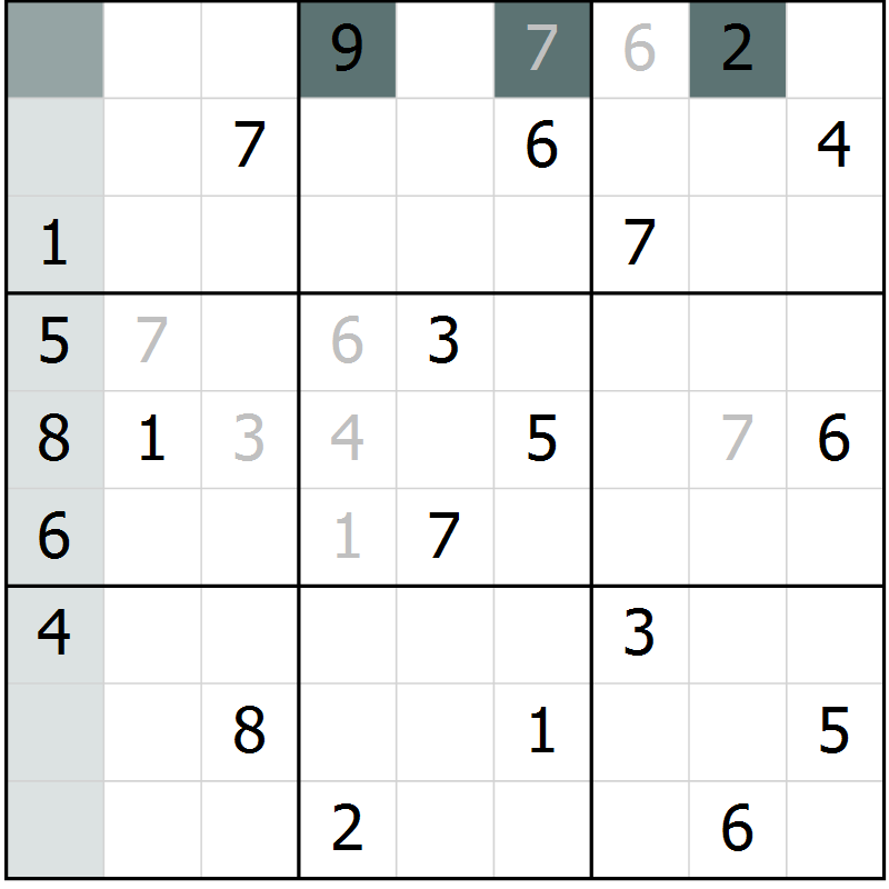 Position des candidats pour la solution de la Gr 10 page 13 du magazine de sudoku Platina n° 038