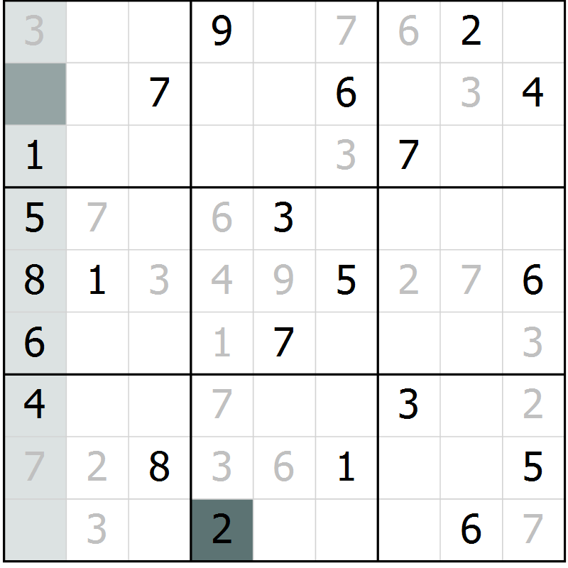 Position des candidats pour la solution de la Gr 10 page 13 du magazine de sudoku Platina n° 038