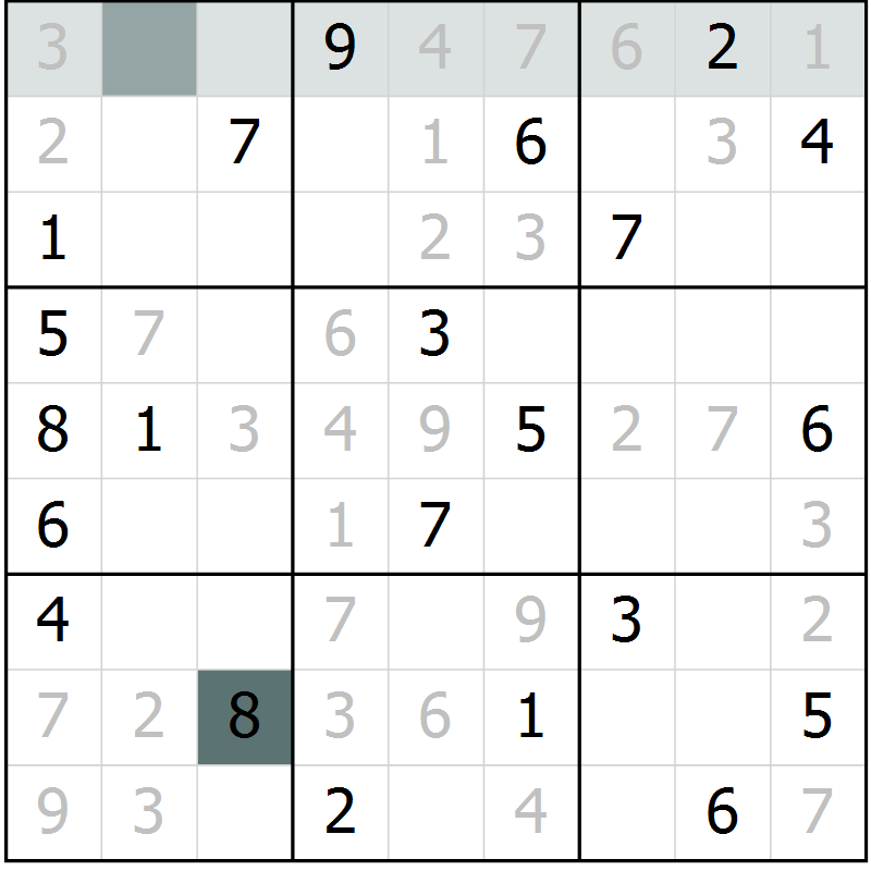 Position des candidats pour la solution de la Gr 10 page 13 du magazine de sudoku Platina n° 038
