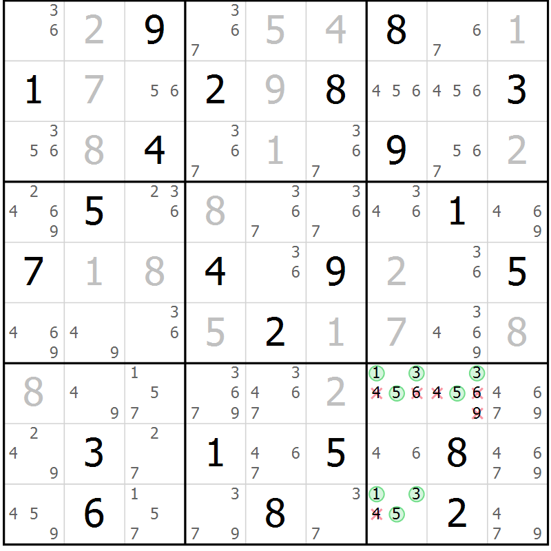 Position des candidats pour la solution de la Gr 13 page 16 du magazine de sudoku Platina n° 038