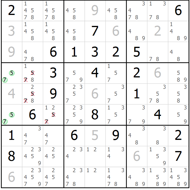 Position des candidats pour la solution de la Gr 14 page 17 du magazine de sudoku Platina n° 038