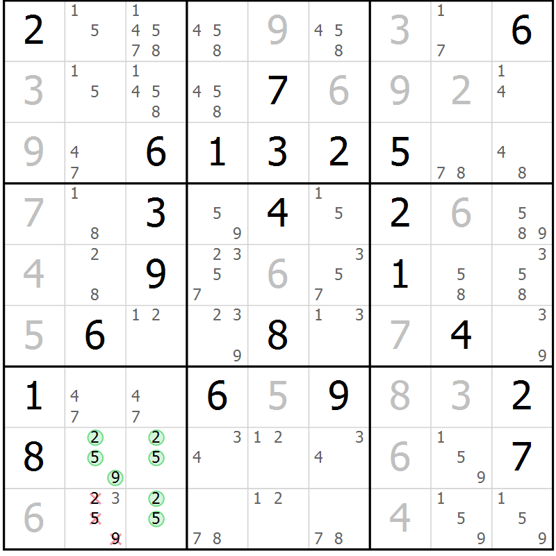 Position des candidats pour la solution de la Gr 14 page 17 du magazine de sudoku Platina n° 038