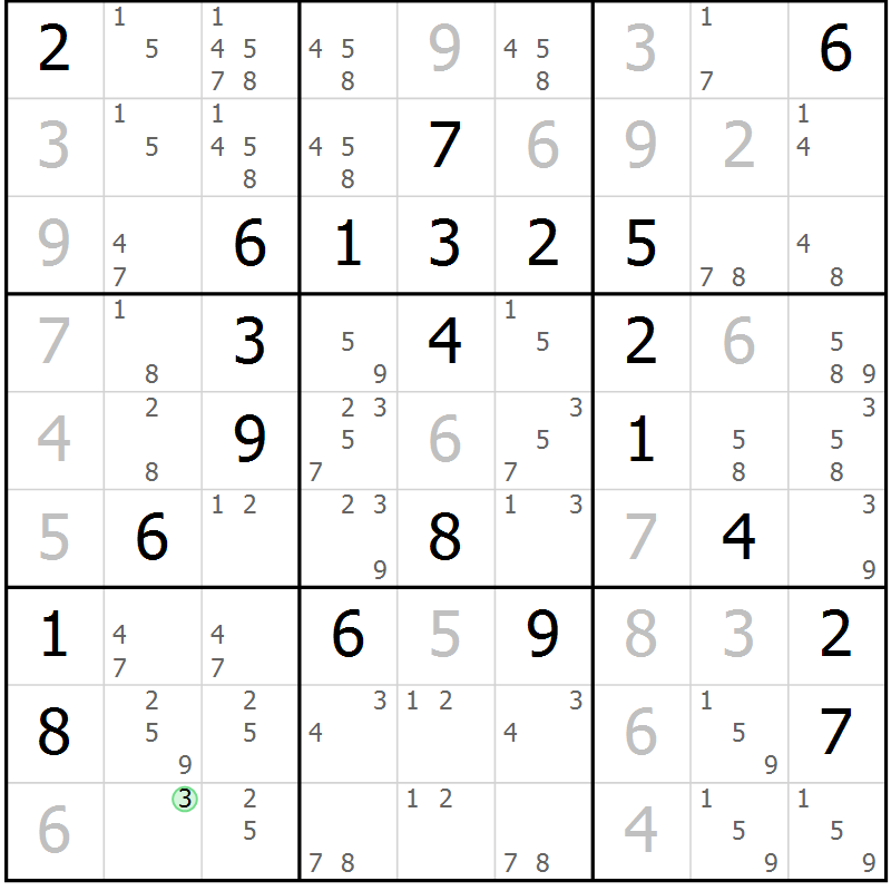 Position des candidats pour la solution de la Gr 14 page 17 du magazine de sudoku Platina n° 038
