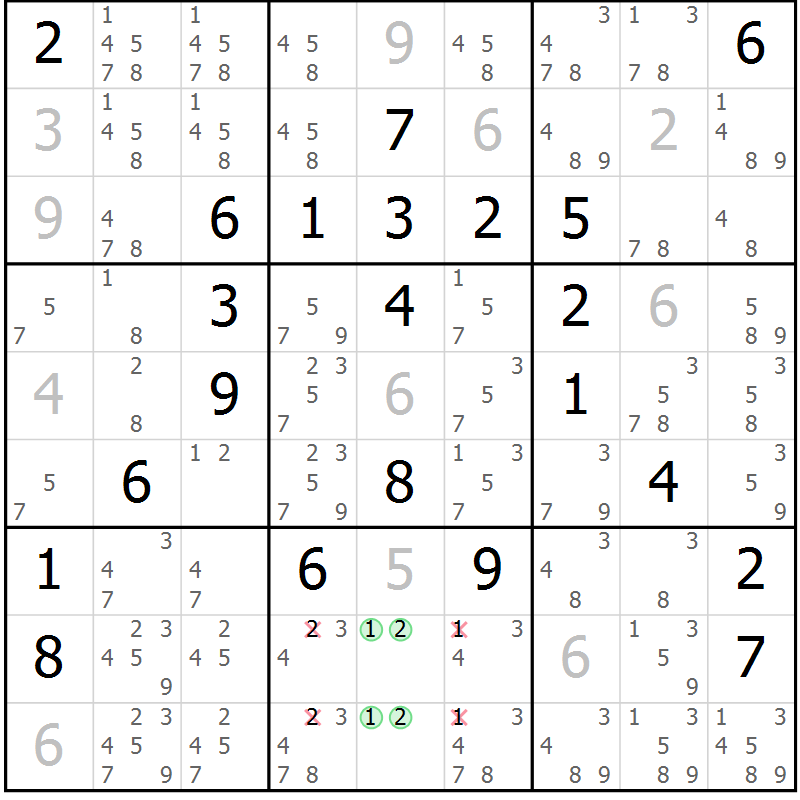 Position des candidats pour la solution de la Gr 14 page 17 du magazine de sudoku Platina n° 038
