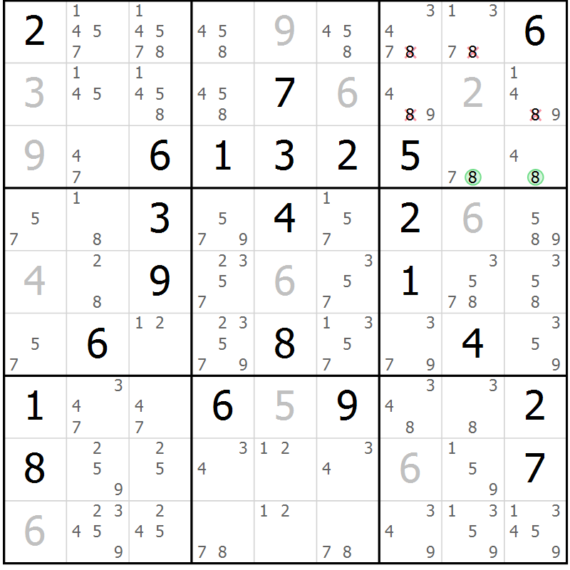 Position des candidats pour la solution de la Gr 14 page 17 du magazine de sudoku Platina n° 038