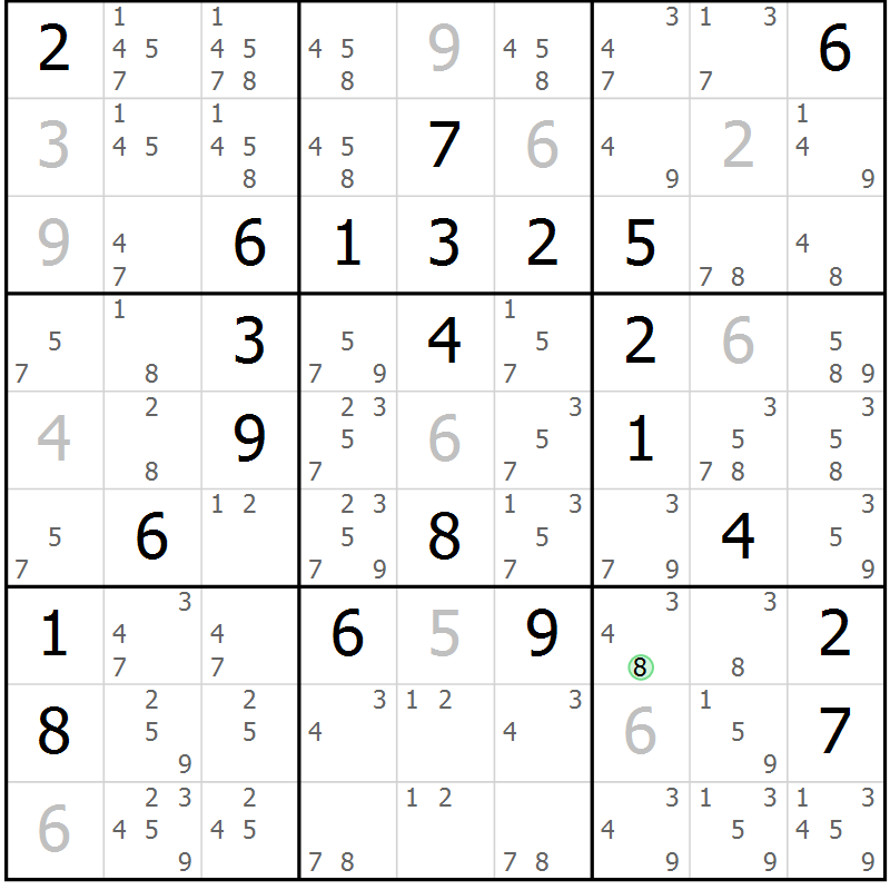 Position des candidats pour la solution de la Gr 14 page 17 du magazine de sudoku Platina n° 038