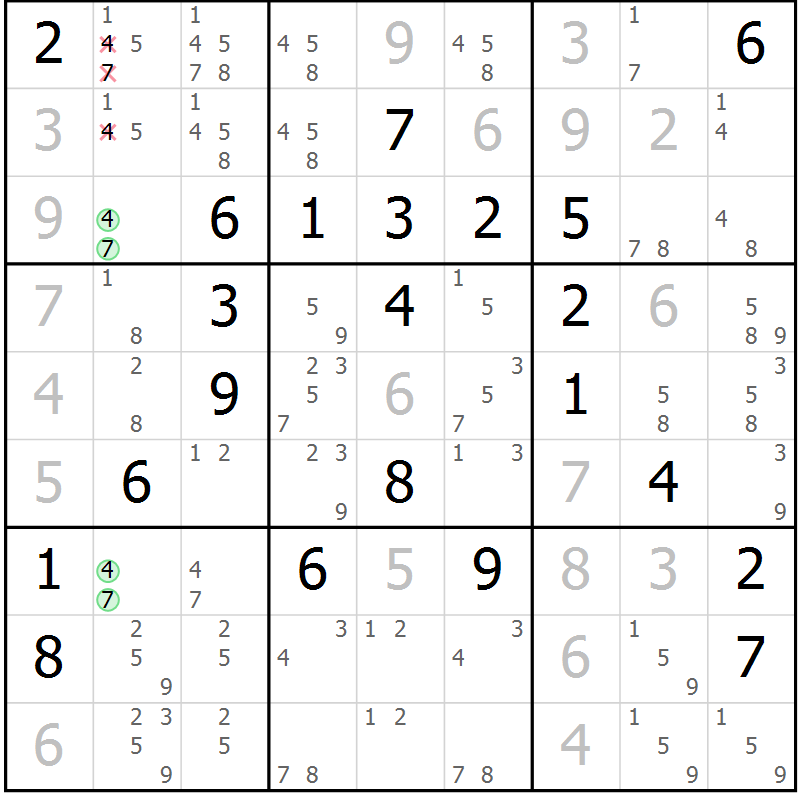 Position des candidats pour la solution de la Gr 14 page 17 du magazine de sudoku Platina n° 038