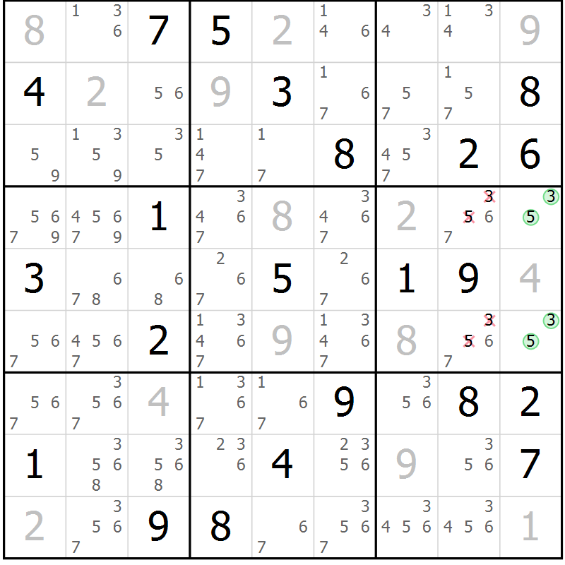 Position des candidats pour la solution de la Gr 15 page 18 du magazine de sudoku Platina n° 038