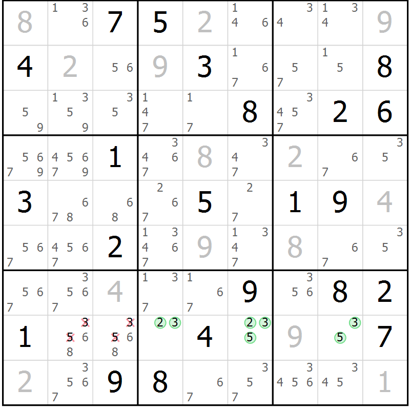 Position des candidats pour la solution de la Gr 15 page 18 du magazine de sudoku Platina n° 038