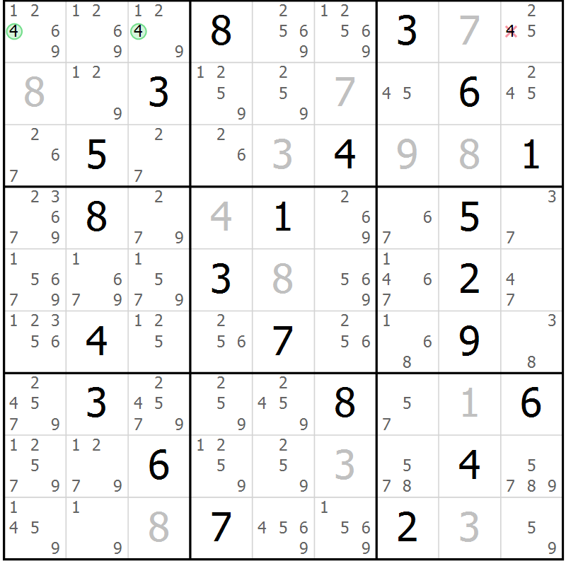 Position des candidats pour la solution de la Gr 16 page 19 du magazine de sudoku Platina n° 038