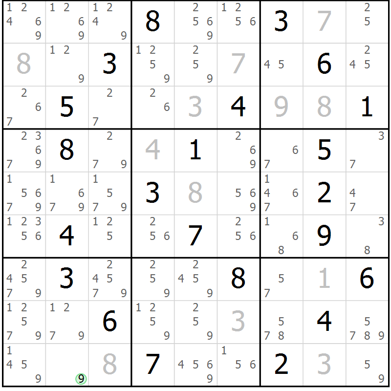 Position des candidats pour la solution de la Gr 16 page 19 du magazine de sudoku Platina n° 038