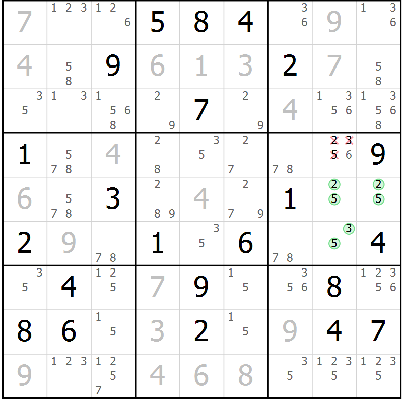 Position des candidats pour la solution de la Gr 18 page 21 du magazine de sudoku Platina n° 038