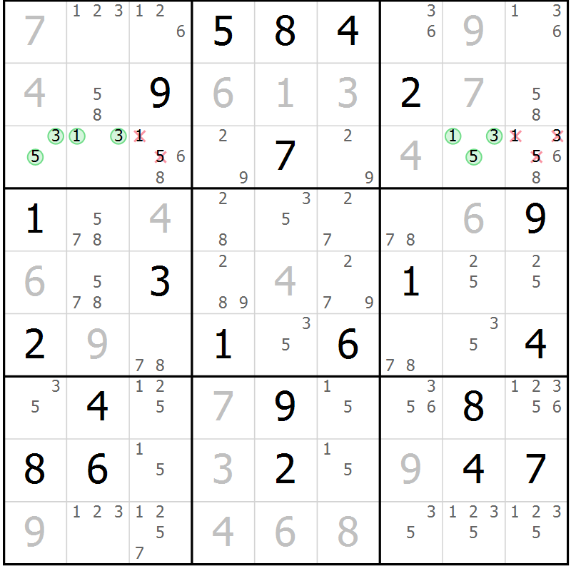 Position des candidats pour la solution de la Gr 18 page 21 du magazine de sudoku Platina n° 038