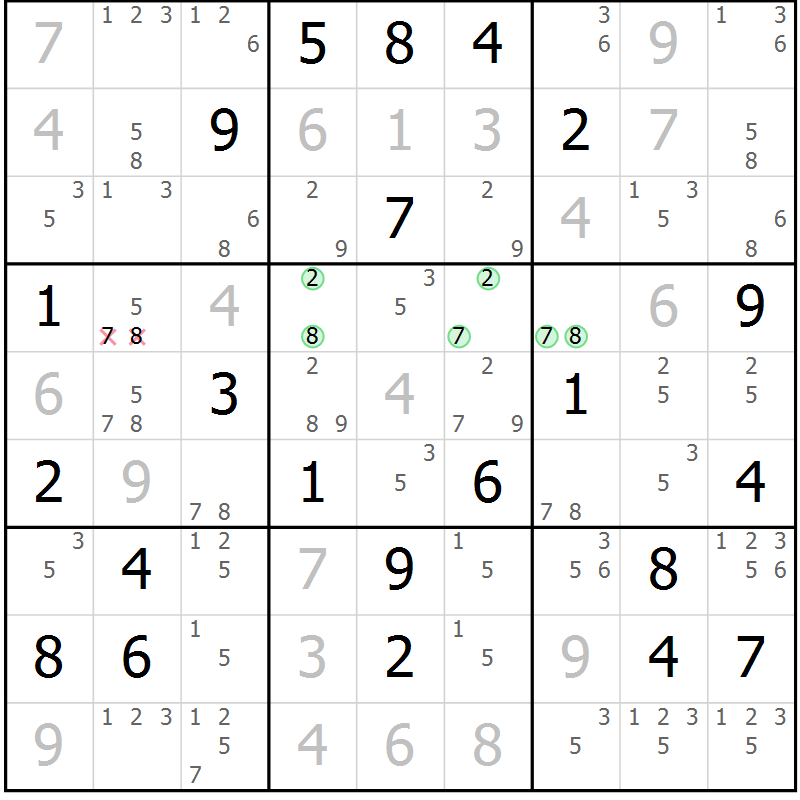 Position des candidats pour la solution de la Gr 18 page 21 du magazine de sudoku Platina n° 038