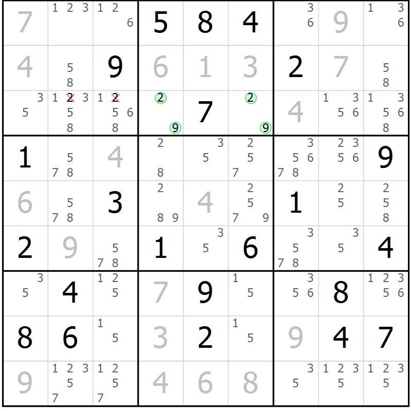 Position des candidats pour la solution de la Gr 18 page 21 du magazine de sudoku Platina n° 038
