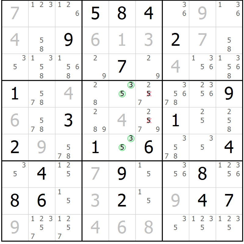 Position des candidats pour la solution de la Gr 18 page 21 du magazine de sudoku Platina n° 038