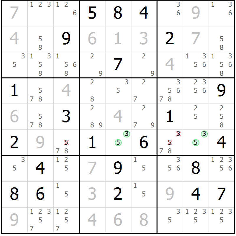 Position des candidats pour la solution de la Gr 18 page 21 du magazine de sudoku Platina n° 038