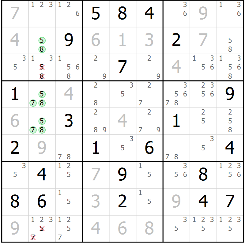 Position des candidats pour la solution de la Gr 18 page 21 du magazine de sudoku Platina n° 038