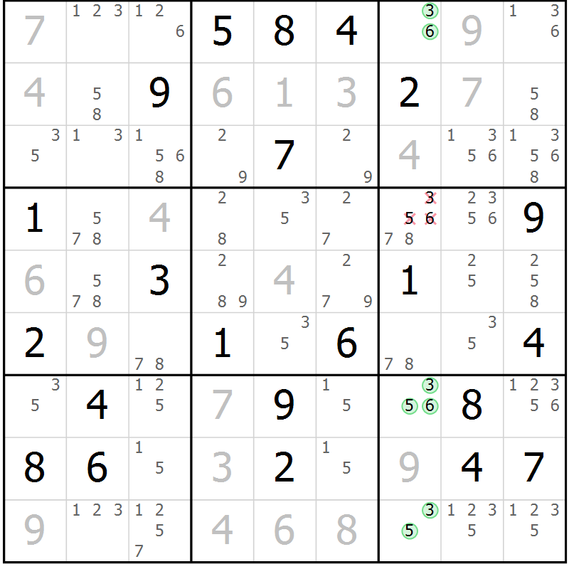 Position des candidats pour la solution de la Gr 18 page 21 du magazine de sudoku Platina n° 038