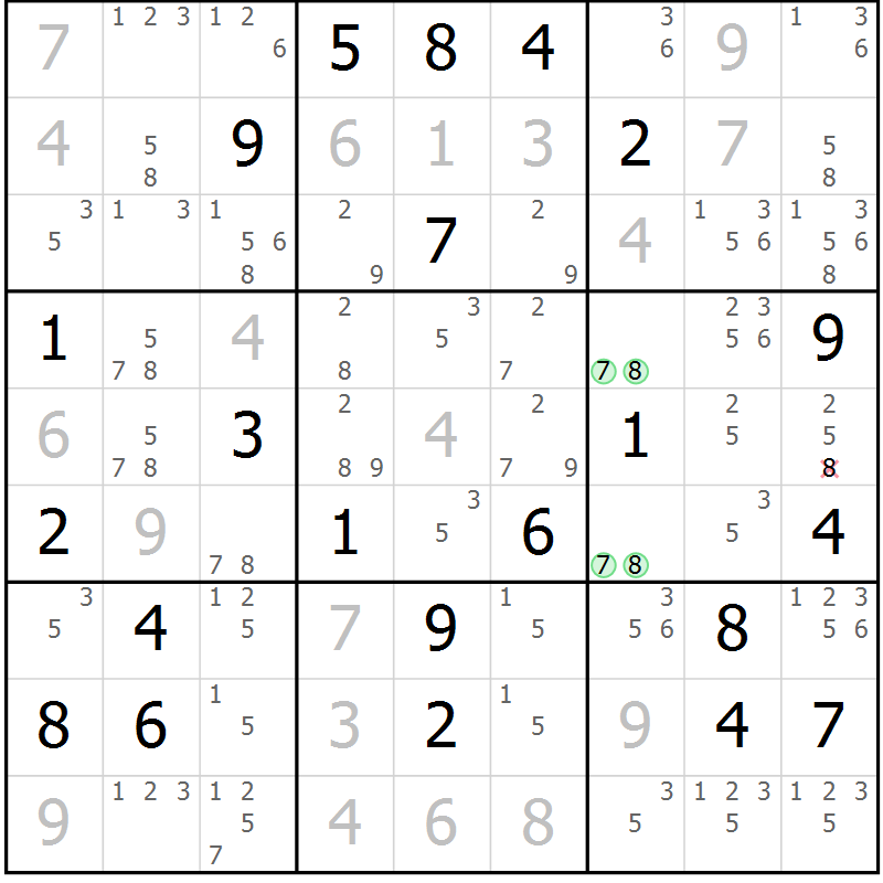 Position des candidats pour la solution de la Gr 18 page 21 du magazine de sudoku Platina n° 038