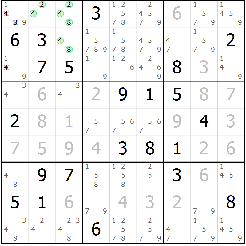 Position des candidats pour la solution de la Gr 2 page 5 du magazine de sudoku Platina n° 038