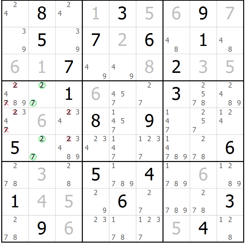 Position des candidats pour la solution de la Gr 20 page 23 du magazine de sudoku Platina n° 038