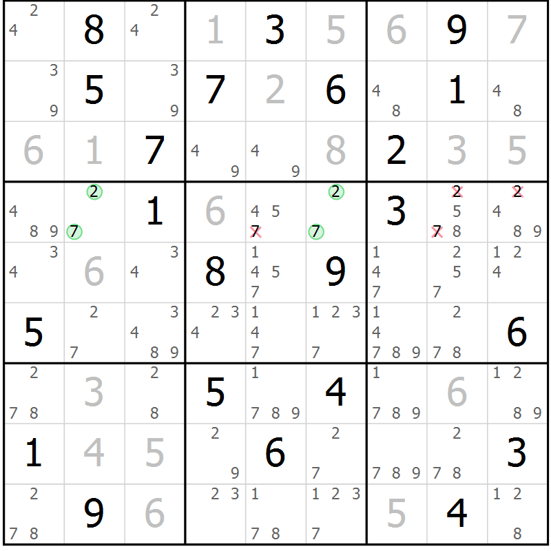 Position des candidats pour la solution de la Gr 20 page 23 du magazine de sudoku Platina n° 038