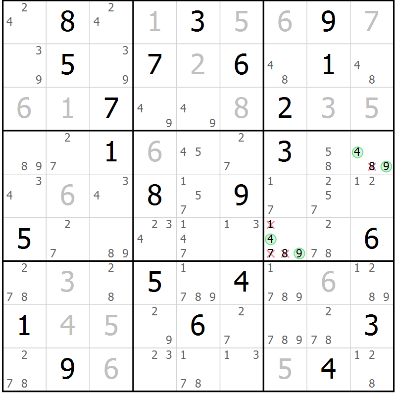 Position des candidats pour la solution de la Gr 20 page 23 du magazine de sudoku Platina n° 038