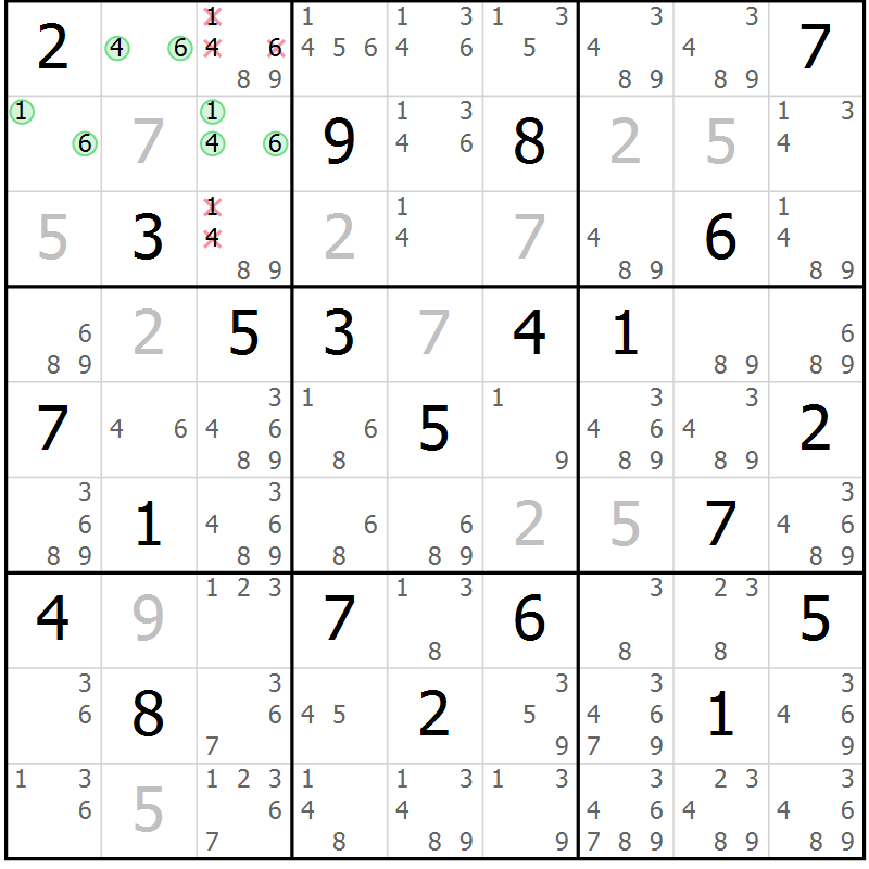 Position des candidats pour la solution de la Gr 21 page 24 du magazine de sudoku Platina n° 038
