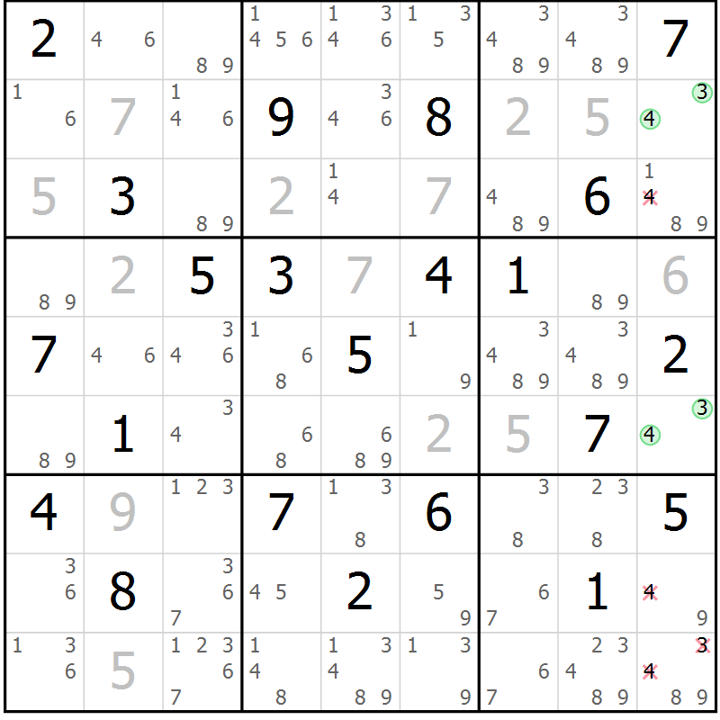 Position des candidats pour la solution de la Gr 21 page 24 du magazine de sudoku Platina n° 038
